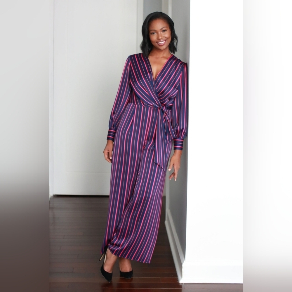 Maggy London sz 10 blue pink striped jumpsuit faux wrap tie waist